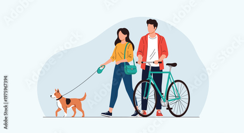 Happy couple enjoying a walk outdoors with a dog on a leash and a green bicycle against a simple light background.