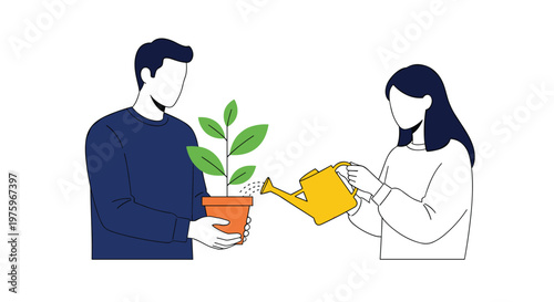 Man and woman working together as a team to water a young green plant in a pot to represent collaboration and growth.
