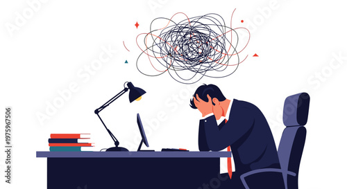 Overwhelmed businessman sitting at his desk with his head in his hands and a tangle of scribbled lines above him representing deep stress.
