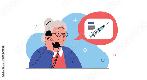 Elderly woman talking on a corded telephone while thinking about a medical document and a syringe injection in a red speech bubble.