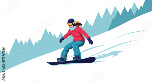 Snowboarder in a red jacket and blue pants descending a snowy mountain slope with stylized pine trees and peaks in the background.