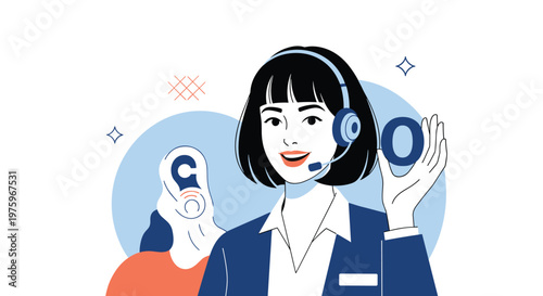 Smiling female call center agent wearing a headset with hearing aid icons in the background representing inclusive customer service.
