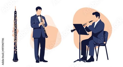 Series of illustrations featuring an oboe woodwind instrument and male musicians playing it while standing and seated.