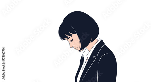 Thoughtful businesswoman in a professional suit looks down with a serious or concerned expression on a white background.