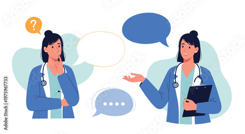 Two female doctors discuss medical cases with thinking and talking expressions including a question mark and speech bubbles.