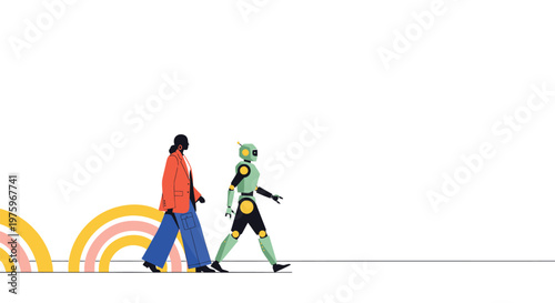 Robot, person walking, futuristic illustration, colorful, vector graphics