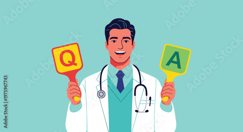 Friendly male doctor in a white coat holds up two paddles with the letters Q and A for a medical inquiry session.