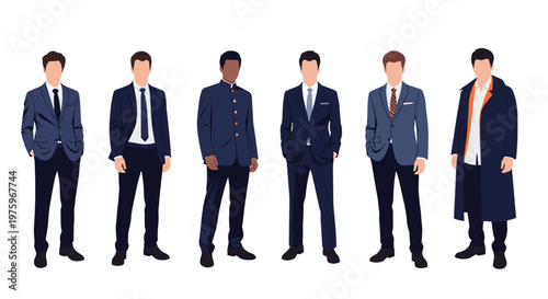 Diverse group of six men dressed in various professional and casual suits stand together in a row against a white background.