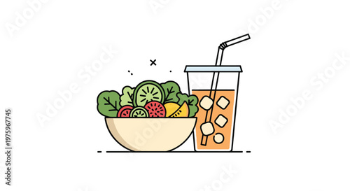 Healthy bowl of mixed salad sits next to a large glass of iced orange juice with a straw for a nutritious meal.