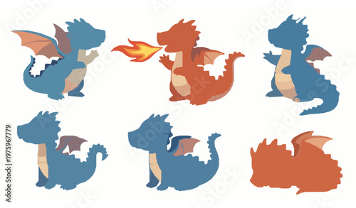Colorful cartoon dragon characters vector set with dynamic fantasy poses for kids books stickers and fun design