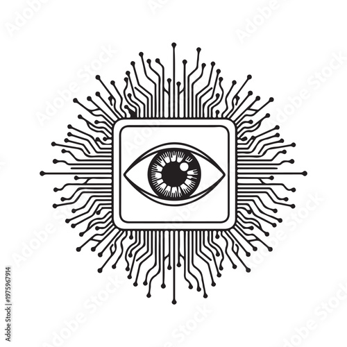 Abstract digital eye symbol integrated with computer circuit board pathways representing technology and surveillance concepts