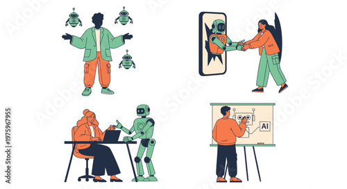 Robot coworkers, human colleagues, teamwork illustrations, office collaboration, futuristic workflow, green orange vector icons