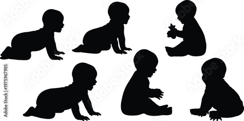 Baby silhouette icons, crawling infant illustration, sitting child vector, newborn graphic design, toddler posture symbol, child development art, infant movement concept