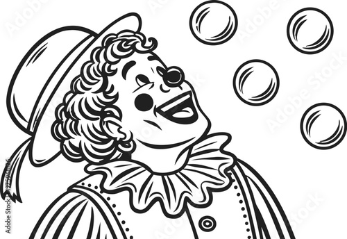 Clown juggling balls vintage engraving circus illustration. A highly detailed black and white vintage vector illustration of a cheerful circus clown juggling multiple balls in the air.