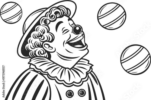 Clown juggling balls vintage engraving circus illustration. A highly detailed black and white vintage vector illustration of a cheerful circus clown juggling multiple balls in the air.