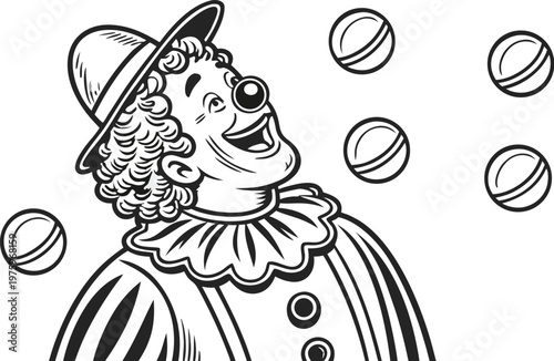 Clown juggling balls vintage engraving circus illustration. A highly detailed black and white vintage vector illustration of a cheerful circus clown juggling multiple balls in the air.