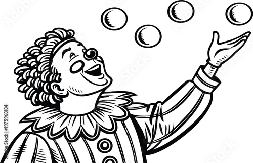 Clown juggling balls vintage engraving circus illustration. A highly detailed black and white vintage vector illustration of a cheerful circus clown juggling multiple balls in the air.