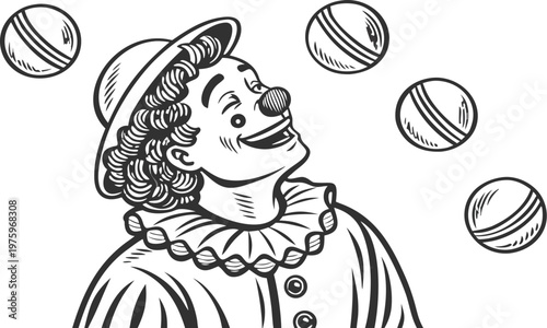 Clown juggling balls vintage engraving circus illustration. A highly detailed black and white vintage vector illustration of a cheerful circus clown juggling multiple balls in the air.