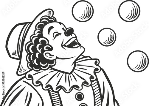 Clown juggling balls vintage engraving circus illustration. A highly detailed black and white vintage vector illustration of a cheerful circus clown juggling multiple balls in the air.