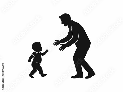 Father encouraging his small child to walk silhouette