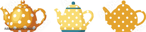 Teapot Illustration Icon Set with Polka Dot Patterns and Decorative Shapes for Kitchen Tea Beverage Design and Vintage Graphic Collection