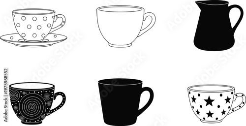Coffee Cup Icon Set with Different Mug Styles and Teapot Silhouettes for Beverage Drink Design Kitchen and Cafe Graphic Collection