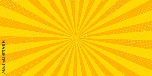 Abstract orange comic background. Art pop cartoon backdrop. Halftone effect pattern. Fun anime texture. Starburst manga style bg. Mark popart radial gradient. Spiral, swirl, comic rays.