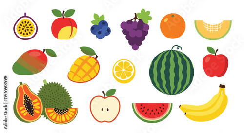 "Tropical and Exotic Fruits Illustration Set with Mango, Papaya, Pineapple, Watermelon, and More for Healthy Eating, Food, and Nutrition Designs"