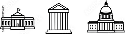 Minimalist line art depiction of three distinct architectural structures with flags and domes