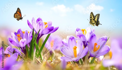 Vibrant Spring Crocus Flowers with Butterflies in a Sunny Meadow.
