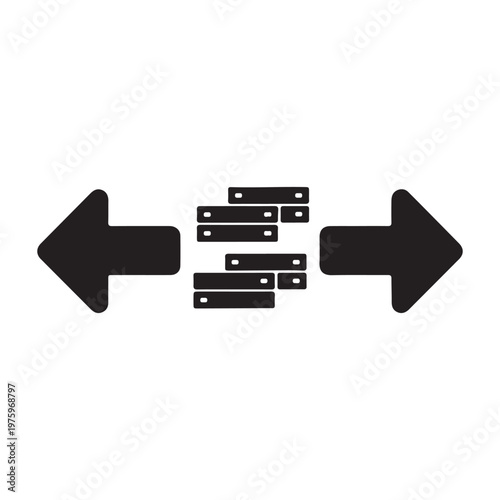 Digital data exchange information flow icon with server blocks and opposing arrows illustrating internet connectivity