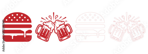 A graphic illustration featuring a tasty red burger alongside two clinking beer mugs to cheer