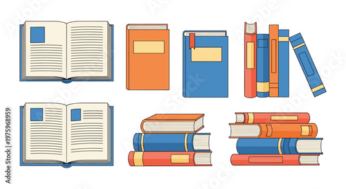 "Colorful Book Illustration Set with Open, Stacked, and Hardcover Books for Education, Literature, and Reading Designs"