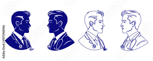 A series of four profile portraits of a young male doctor wearing a stethoscope in varied styles.