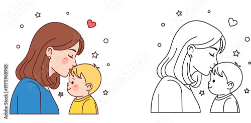 Mother kissing baby on forehead illustration with colored and line art version, maternal love and care concept, coloring page for kids, mothers day greeting card vector