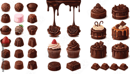 Chocolate Dessert Clipart Set with Truffles, Cupcakes, Dripping Ganache, Candy Pieces, and Sweet Bakery Elements for Food Designs