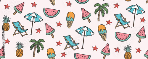 Summer doodle pattern with beach items and sunny elements on white background	
