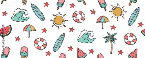 Summer doodle pattern with beach items and sunny elements on white background	
