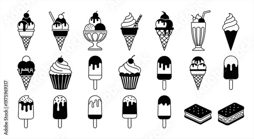 Assortment of black and white ice cream, popsicle, and sundae line art icons