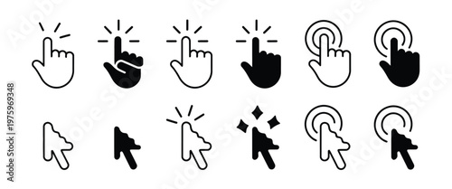 Variety of cursor and hand pointer icons for digital interaction and selection actions