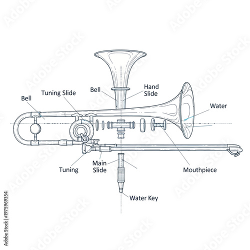 Detailed diagram of a trumpet with labeled parts