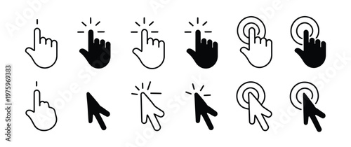 Set of cursor hand and arrow icons for web design and user interface elements.