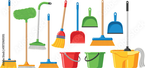 Cleaning Tools Set with Brooms, Mop, Buckets, Dustpans, Rake, and Household Sanitation Equipment Vector Illustration