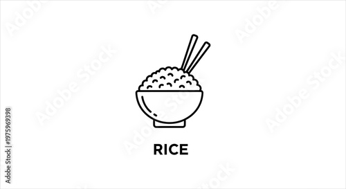 Simple line icon of a bowl of fluffy white rice with chopsticks, essential for food and Asian cuisine themes