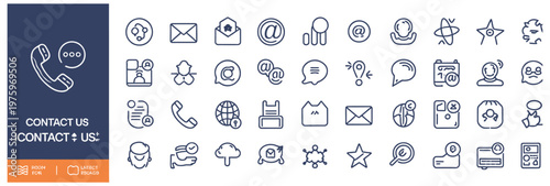 Comprehensive 'Contact Us' icon set with phone, email, location, and social media symbols.