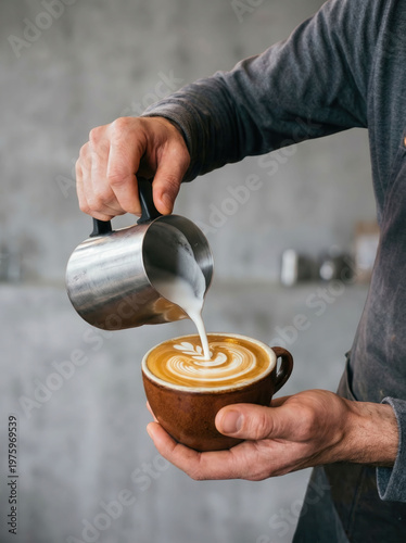 Fotografía Barista pouring steamed milk into a coffee cup to create latte art