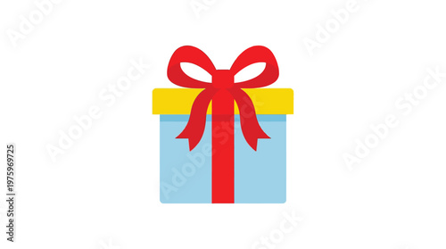 A blue gift box with a yellow lid and a red ribbon tied in a bow.