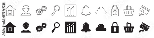 SaaS icon set in line and solid styles with editable stroke, isolated on transparent background. Minimal cloud software symbols for apps, web services, dashboards, technology platforms and UI design.
