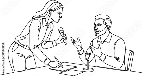 Podcast interview setup line art vector illustration.