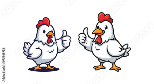 Two happy cartoon chickens giving a thumbs up gesture